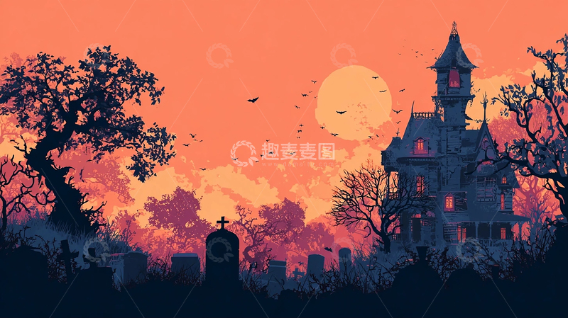 高清大图下载【趣麦麦图】暮色下的鬼屋与墓地