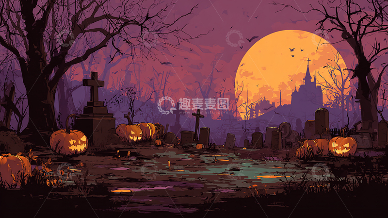 高清大图下载【趣麦麦图】万圣节夜晚恐怖墓地
