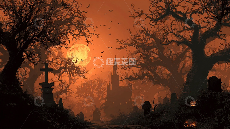 高清大图下载【趣麦麦图】阴森墓地的月夜诡影