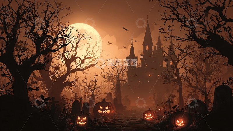 高清大图下载【趣麦麦图】阴森恐怖的万圣节古堡夜景