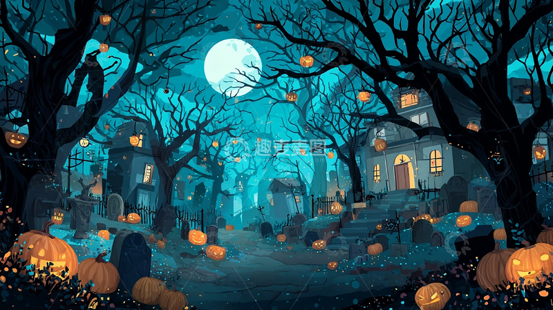 高清大图下载【趣麦麦图】万圣节的幽灵村庄夜景 