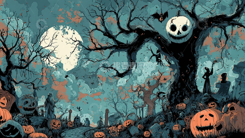 高清大图下载【趣麦麦图】黑暗森林中的笑脸南瓜树