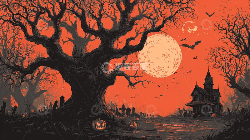 高清大图下载【趣麦麦图】阴森古树下的万圣夜景