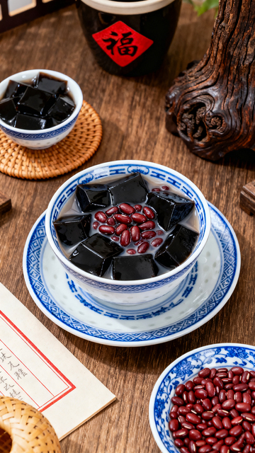 中式风格桌面盛红豆龟苓膏精致碗具传统美食