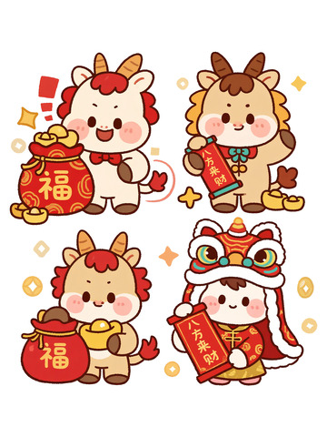 萌牛福袋舞狮送财图