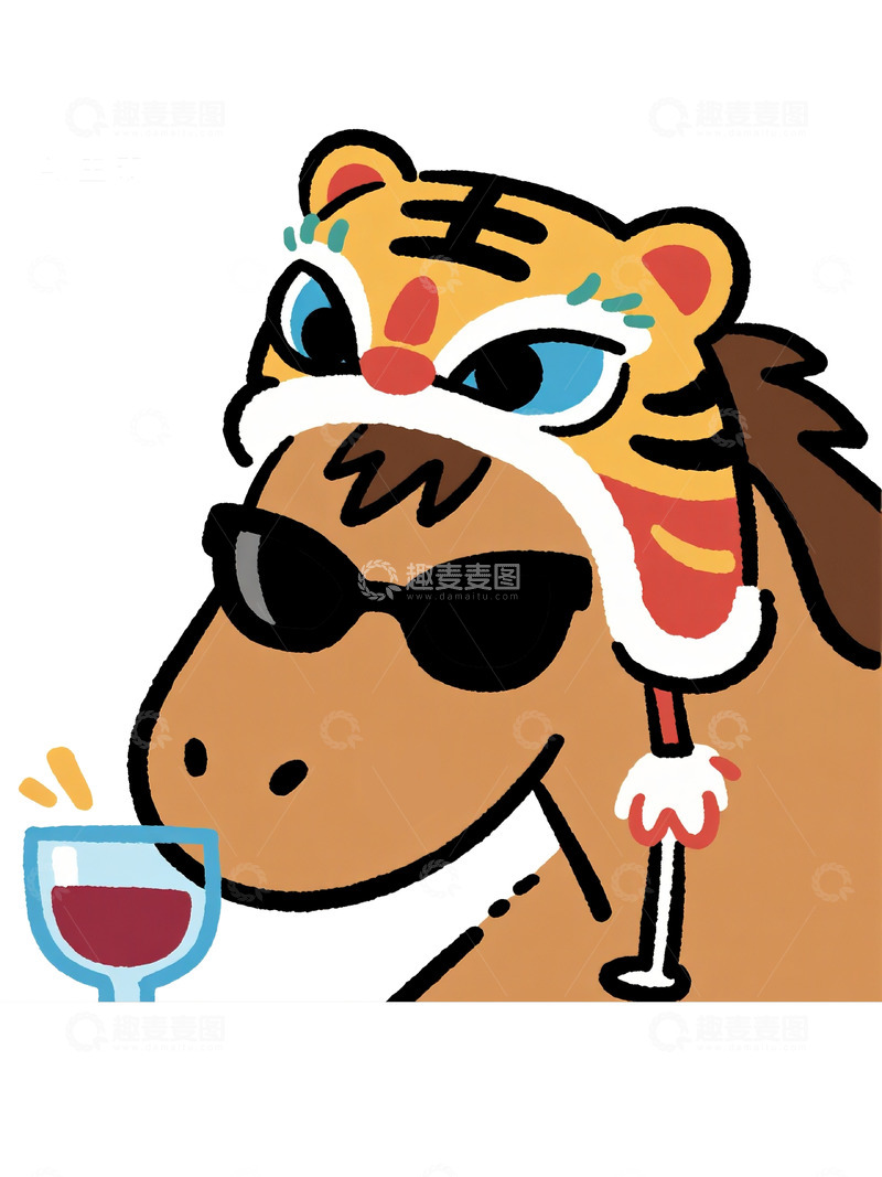 高清大图下载【趣麦麦图】酷帅小马戴虎帽品酒图