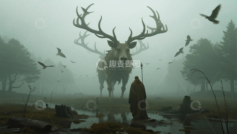 高清大图下载【趣麦麦图】雾中鹿与人物奇幻图