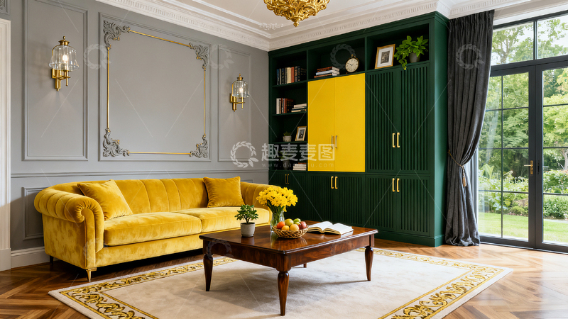 高清大图下载【趣麦麦图】复古风格客厅装修设计效果软装搭配
