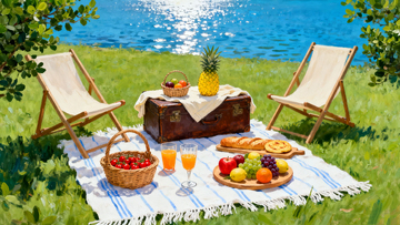 户外湖畔野餐水彩画插画素材手绘风