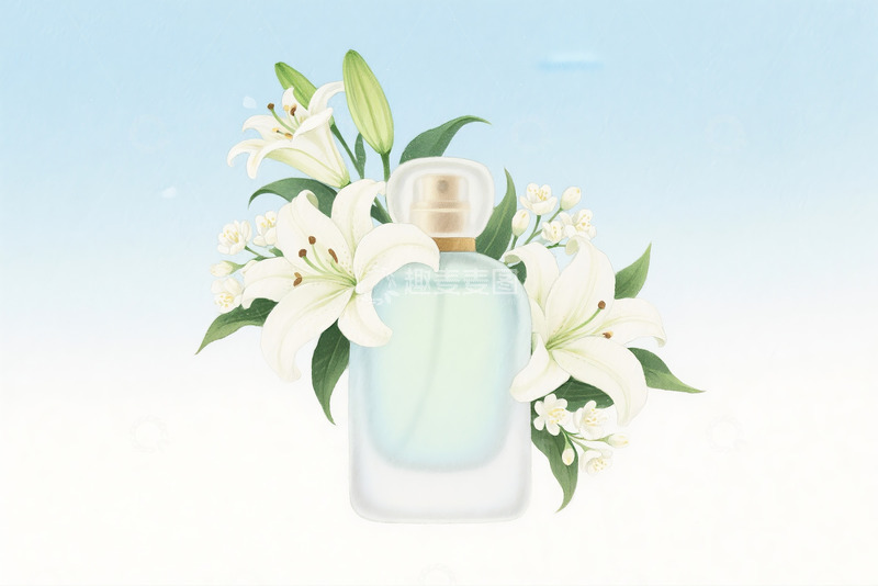 高清大图下载【趣麦麦图】百合环绕香水瓶水彩画