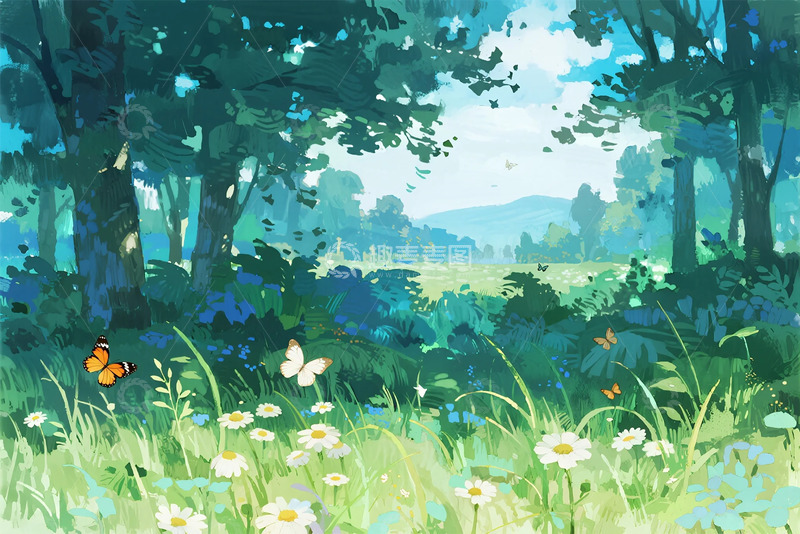 高清大图下载【趣麦麦图】森林草地蝴蝶清新插画