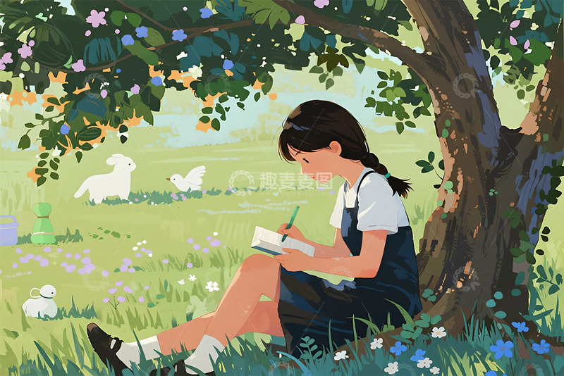 高清大图下载【趣麦麦图】树下女孩写字治愈插画