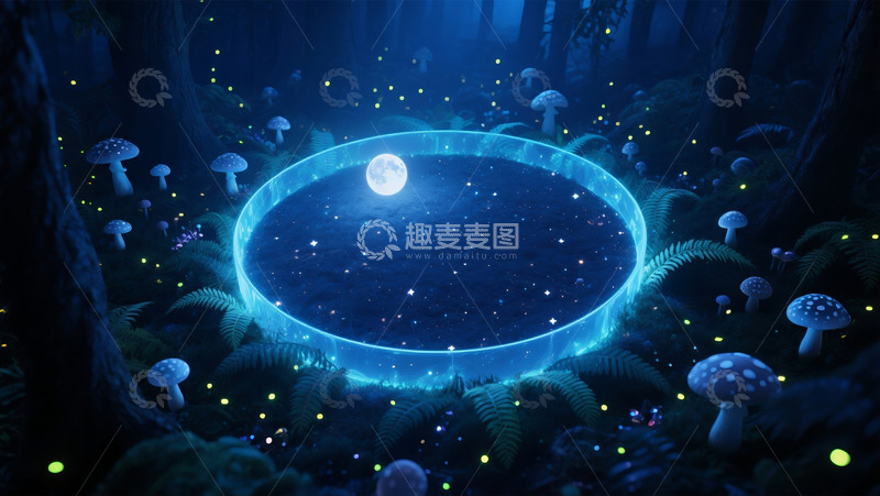高清大图下载【趣麦麦图】森林夜晚发光圆形池塘图