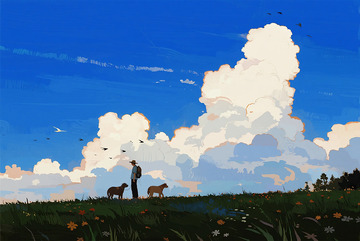 草原遛狗人物风景插画