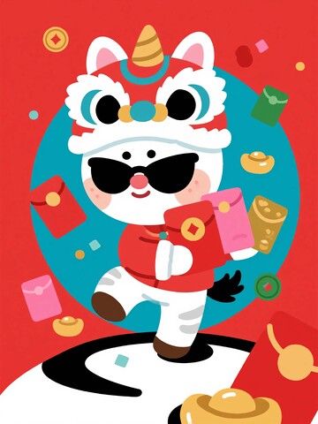 戴狮头帽萌物迎福图