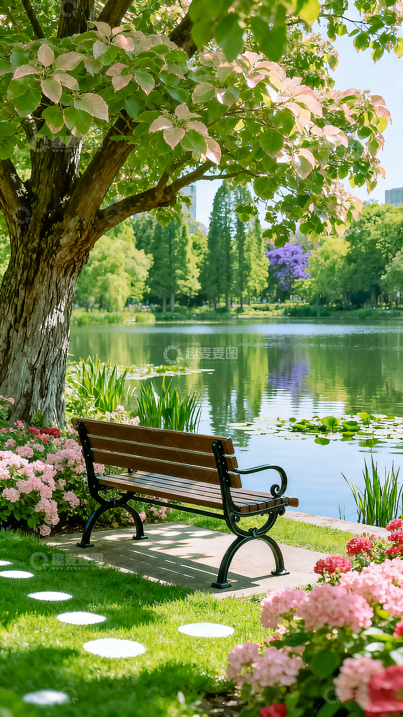 高清大图下载【趣麦麦图】湖畔湖边自然风景花园长椅风光