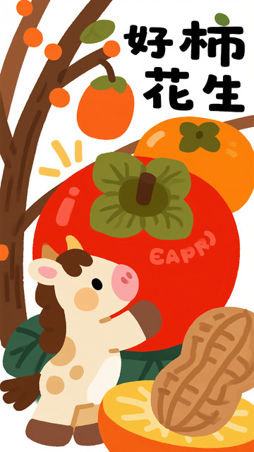 萌马伴柿花生送福图