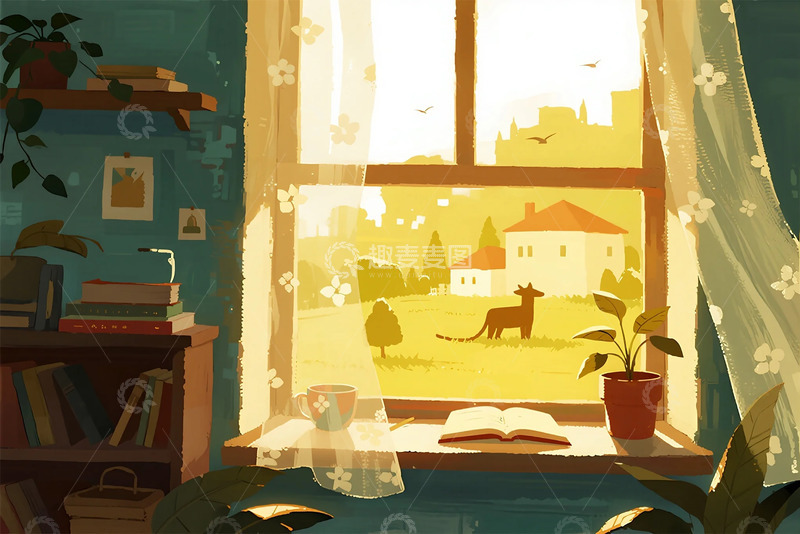 窗台室内外景色插画