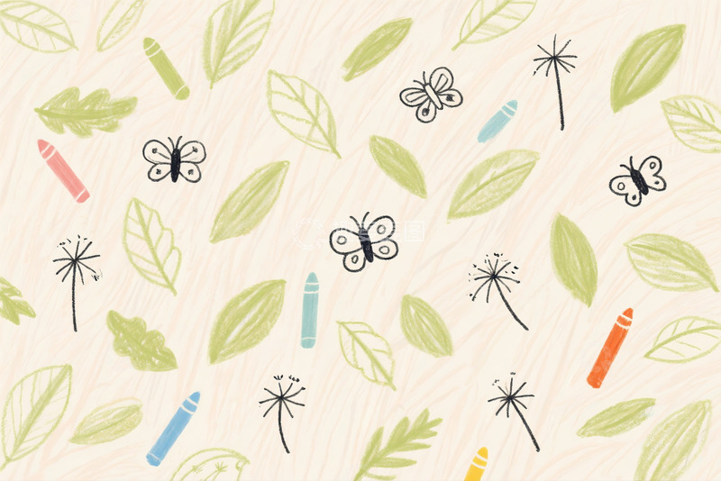 高清大图下载【趣麦麦图】绿叶蝴蝶蜡笔图案插画