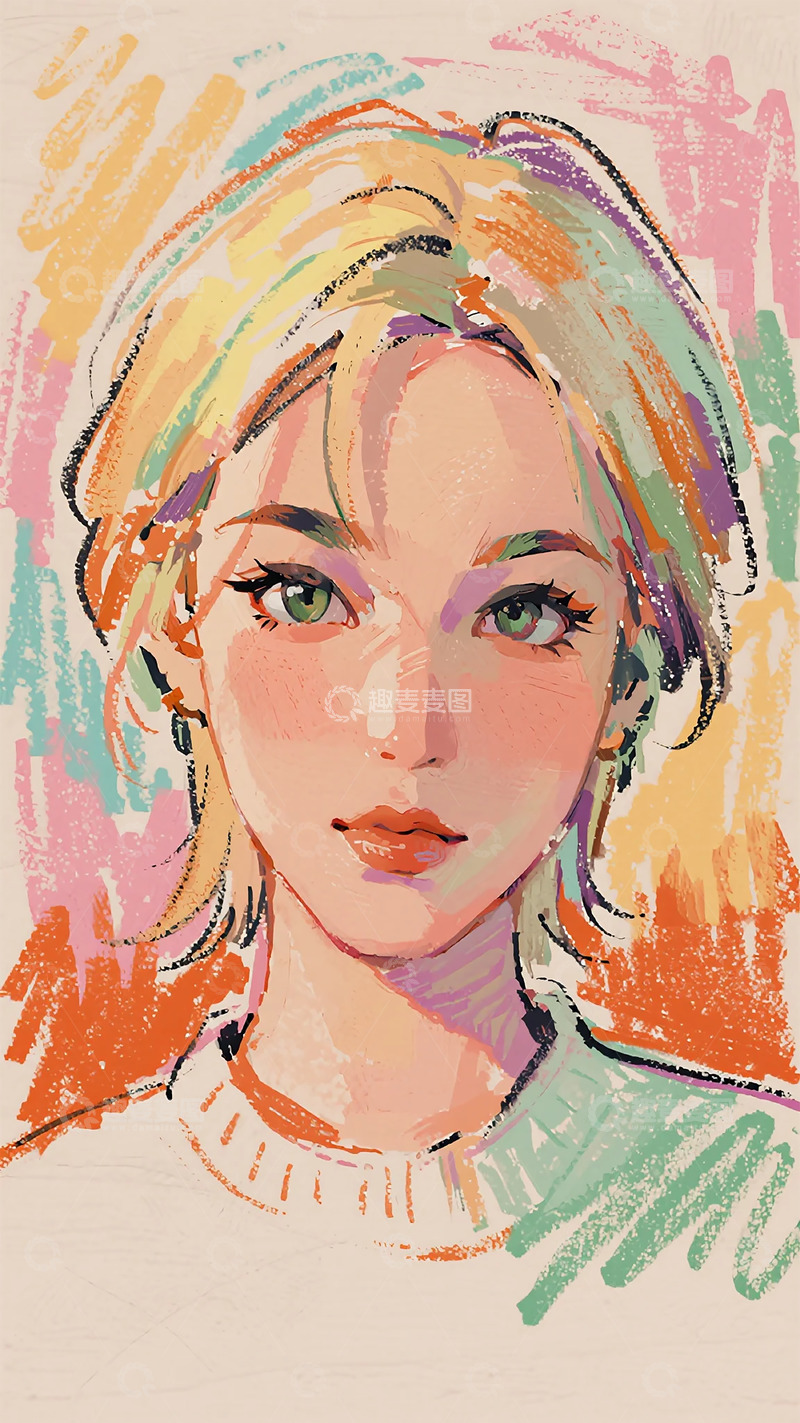 高清大图下载【趣麦麦图】多彩金发女性肖像插画