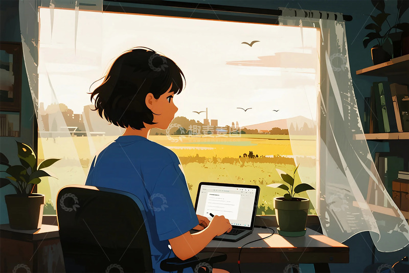 高清大图下载【趣麦麦图】室内女孩办公窗外风光插画
