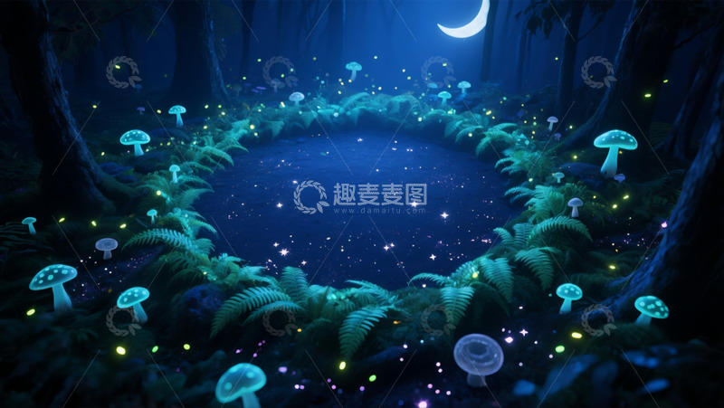 高清大图下载【趣麦麦图】森林夜晚发光蘑菇池塘图