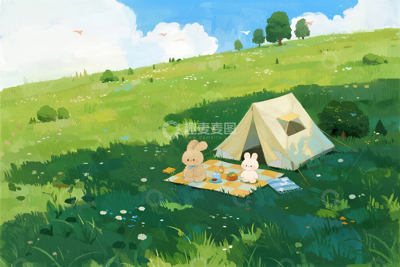 高清大图下载【趣麦麦图】草地兔子露营插画场景