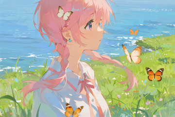 海边粉发女孩蝴蝶插画