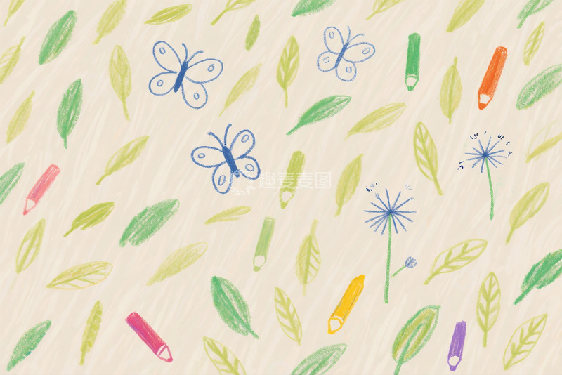 高清大图下载【趣麦麦图】-手绘绿植蝴蝶蜡笔图案图