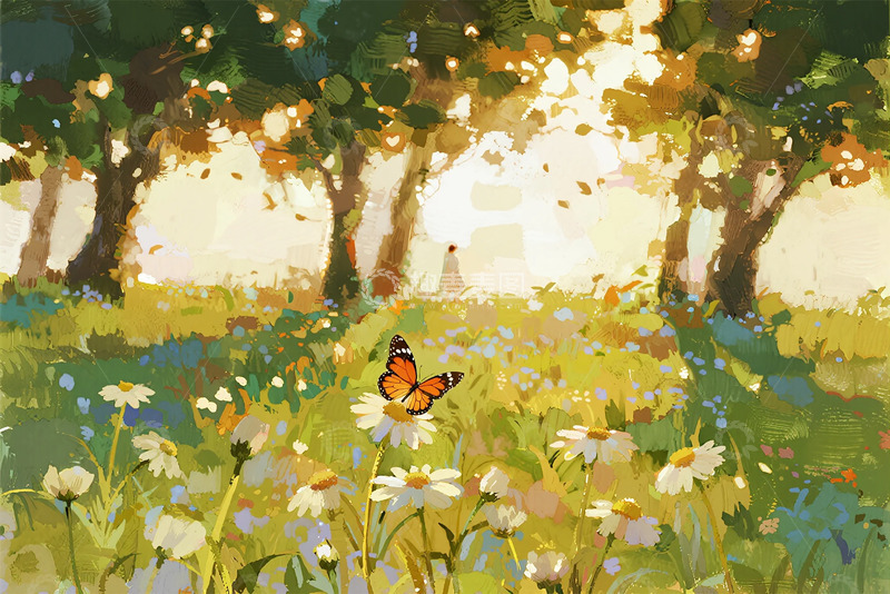 高清大图下载【趣麦麦图】森林蝴蝶花草风景插画