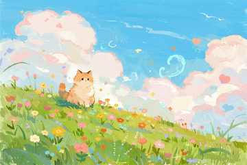 花海猫咪治愈系插画作品