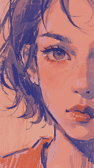 蓝发女性面部特写插画