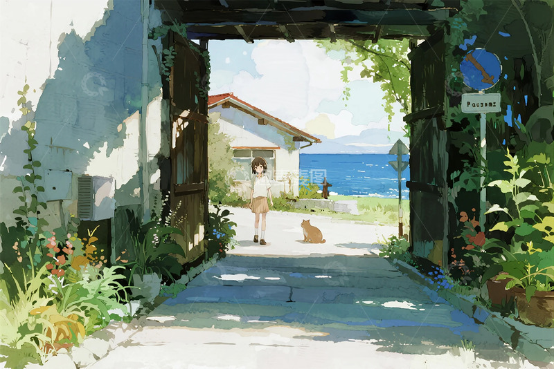 高清大图下载【趣麦麦图】海边门口女孩猫咪插画