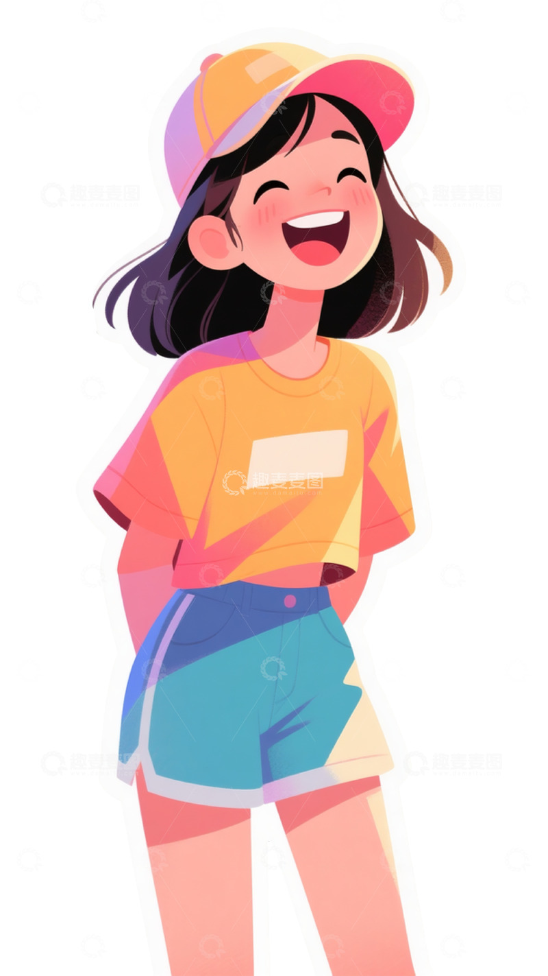 高清大图下载【趣麦麦图】戴彩帽大笑女性黄衣插画