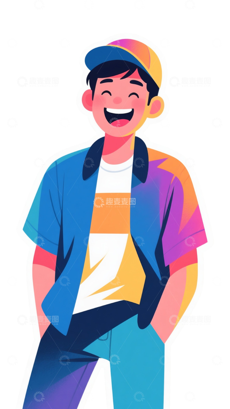 高清大图下载【趣麦麦图】戴彩帽大笑男性彩衣插画