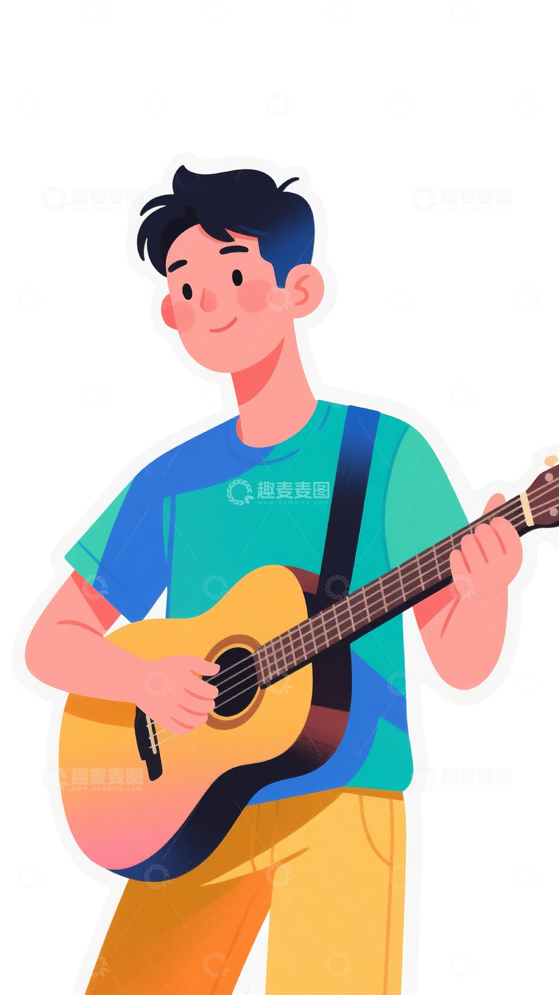 高清大图下载【趣麦麦图】男性弹木吉他蓝绿衣插画