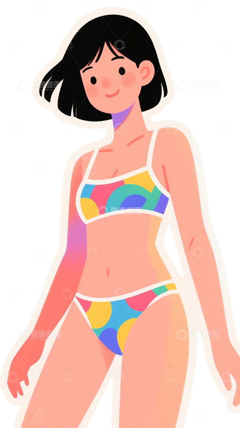 高清大图下载【趣麦麦图】彩色波点比基尼女性插画
