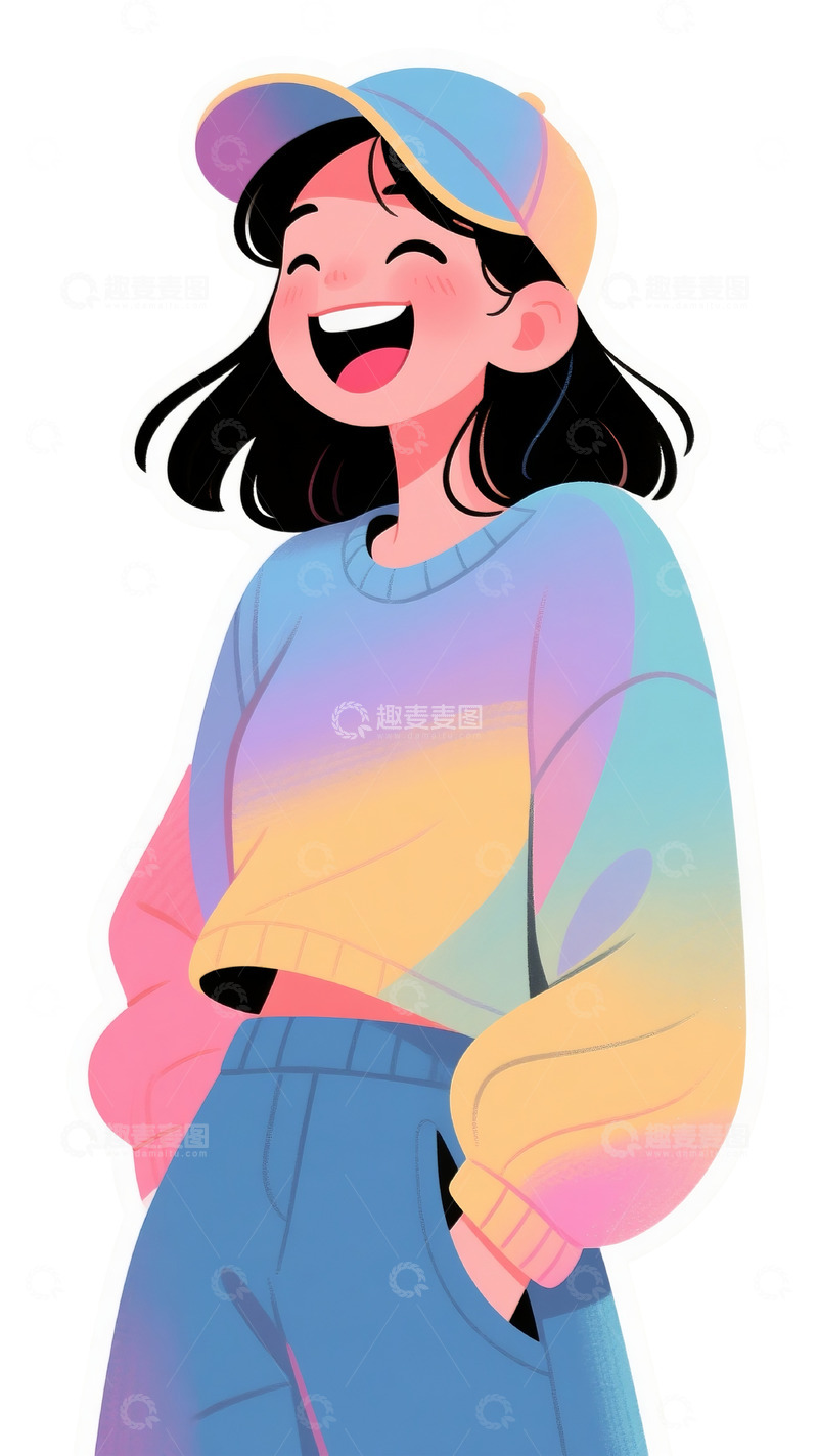 高清大图下载【趣麦麦图】戴帽大笑女性彩短裤插画