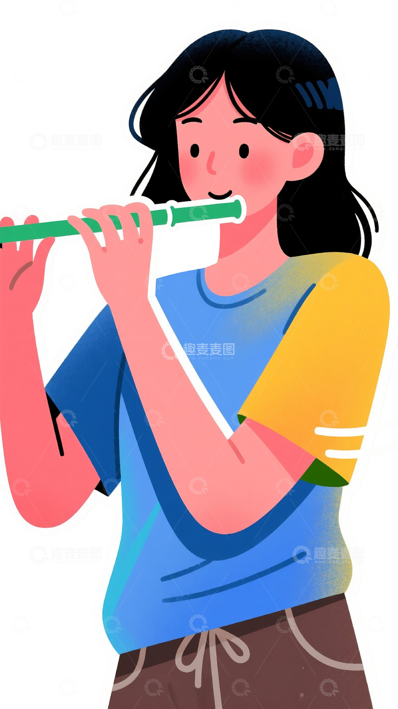 高清大图下载【趣麦麦图】女性吹绿笛扁平插画