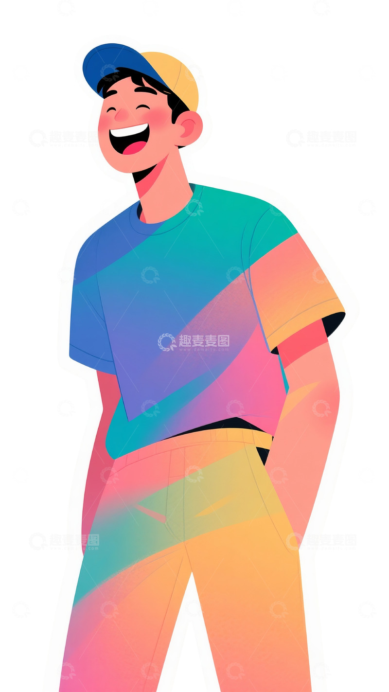 高清大图下载【趣麦麦图】戴彩帽大笑男性扁平插画