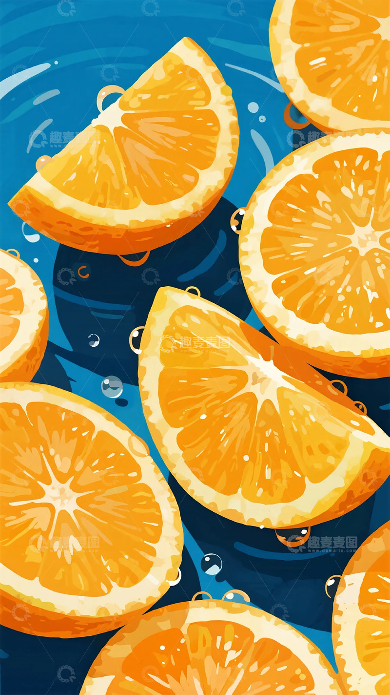 高清大图下载【趣麦麦图】橙片蓝底水珠插画
