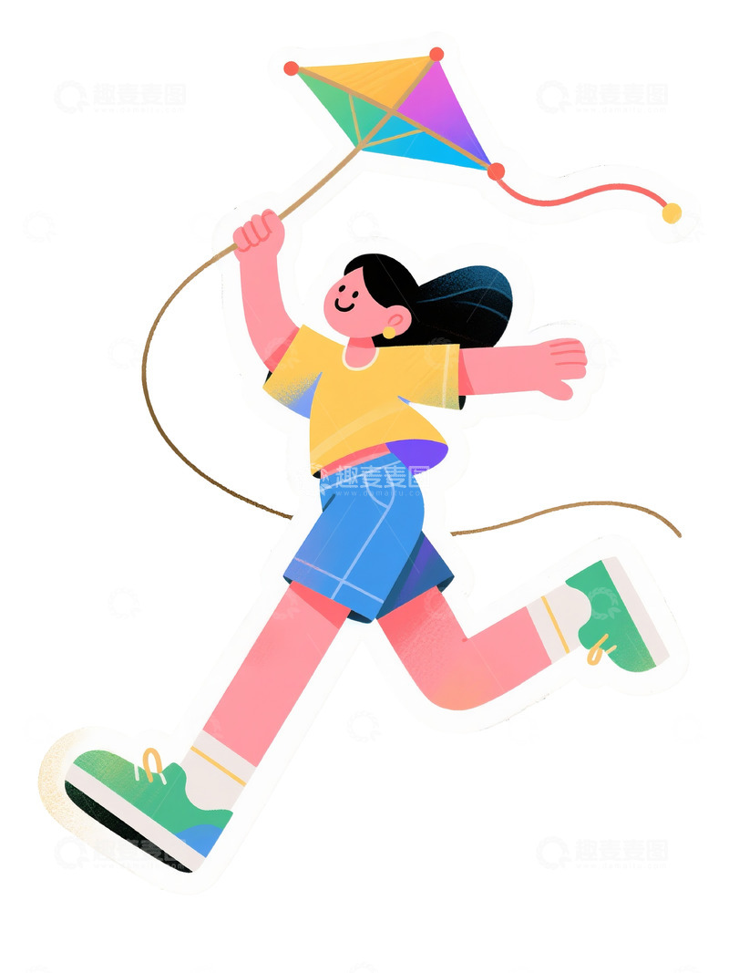 高清大图下载【趣麦麦图】奔跑放风筝黄衣蓝裤女性插画