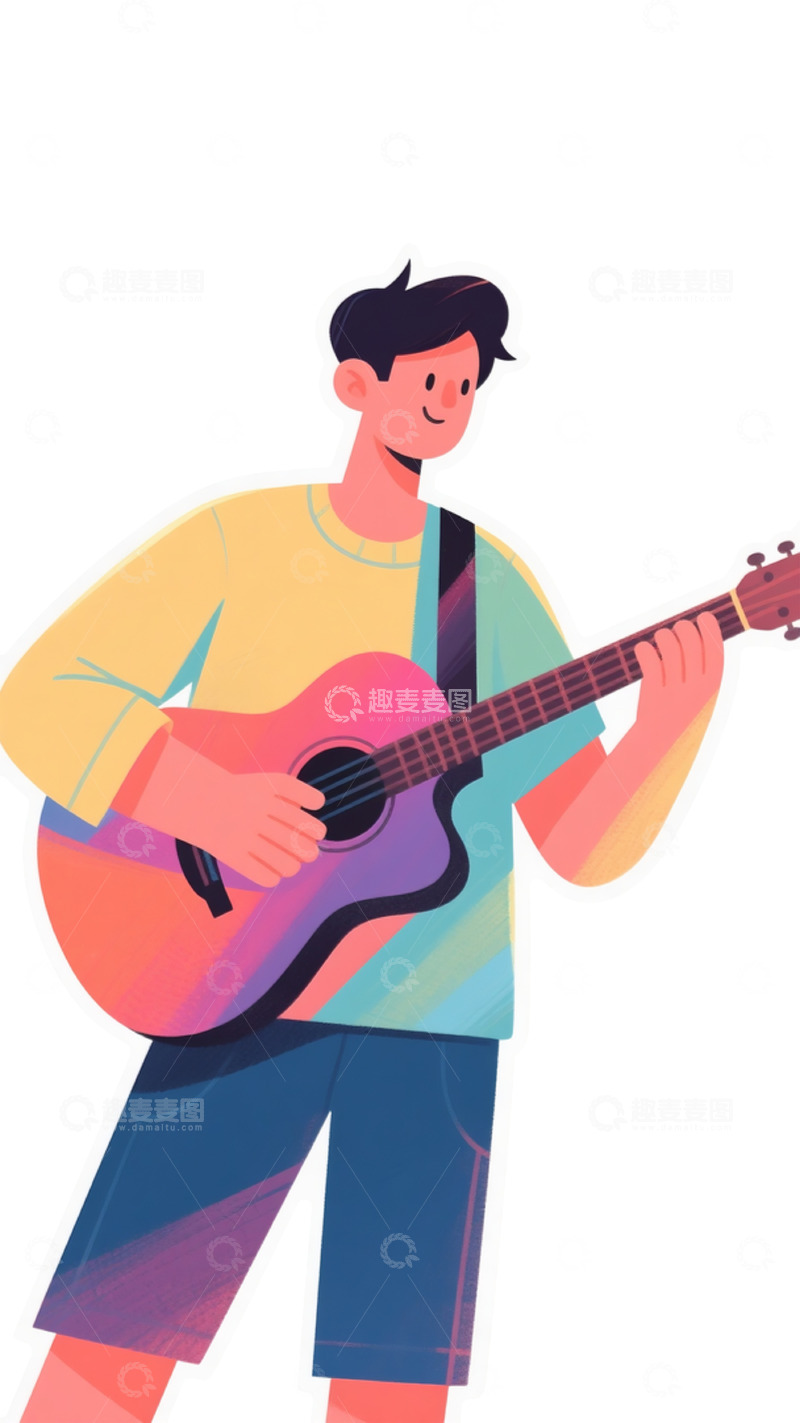 高清大图下载【趣麦麦图】男性弹渐变吉他黄衣短裤插画