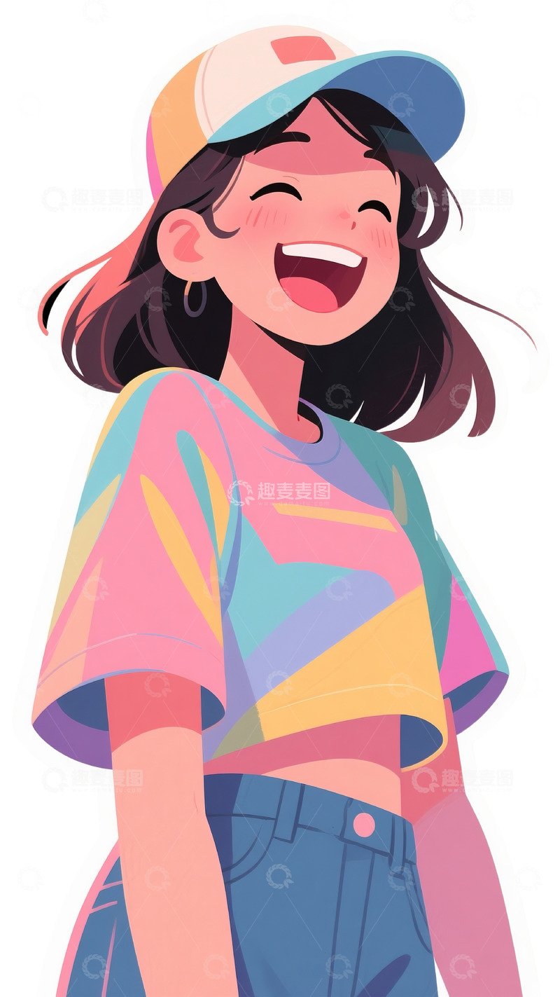 高清大图下载【趣麦麦图】戴帽大笑女性短上衣插画