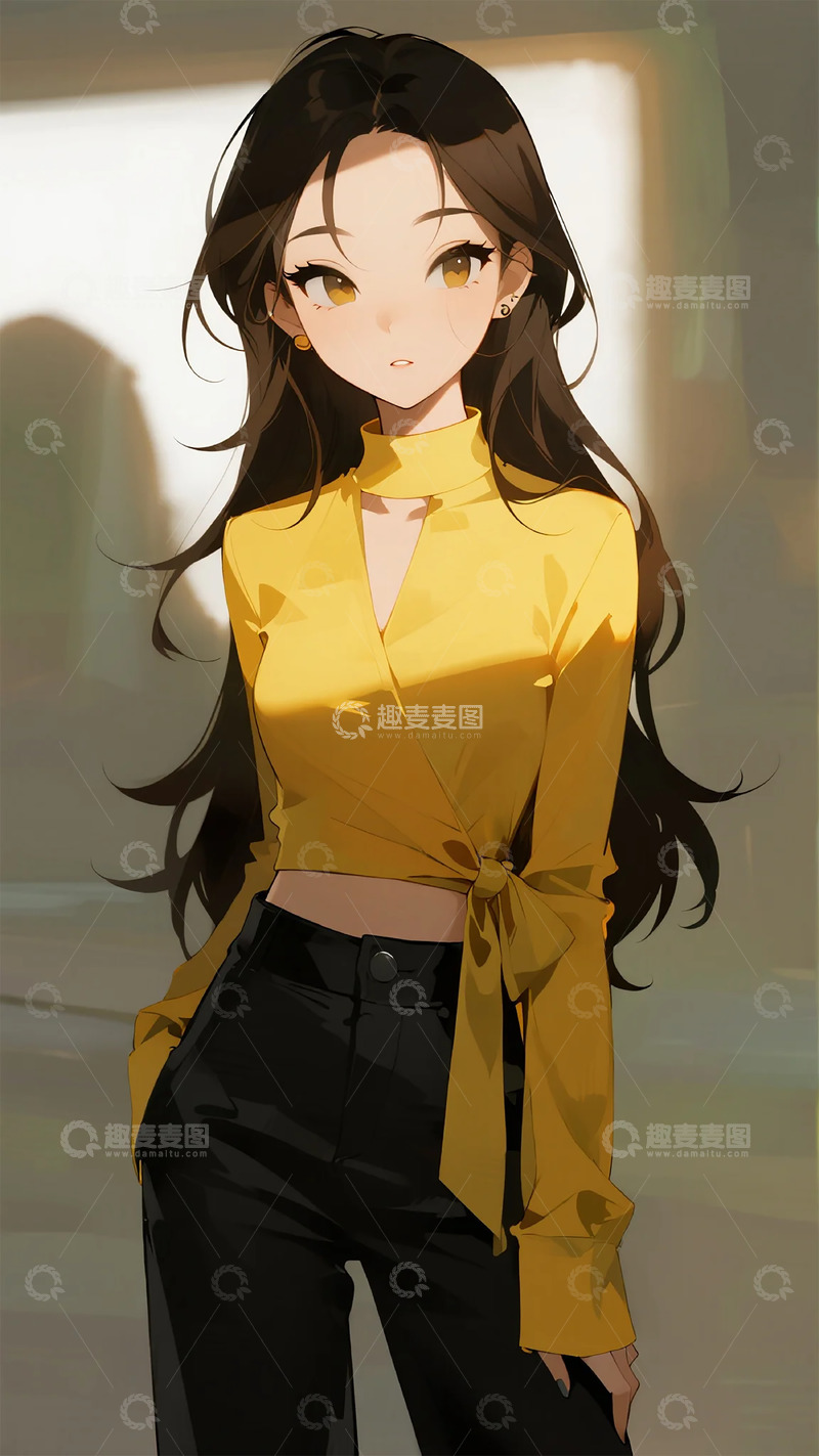 高清大图下载【趣麦麦图】黄衣黑裤女性动漫插画