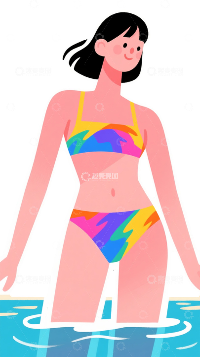 高清大图下载【趣麦麦图】女性彩虹比基尼水中插画