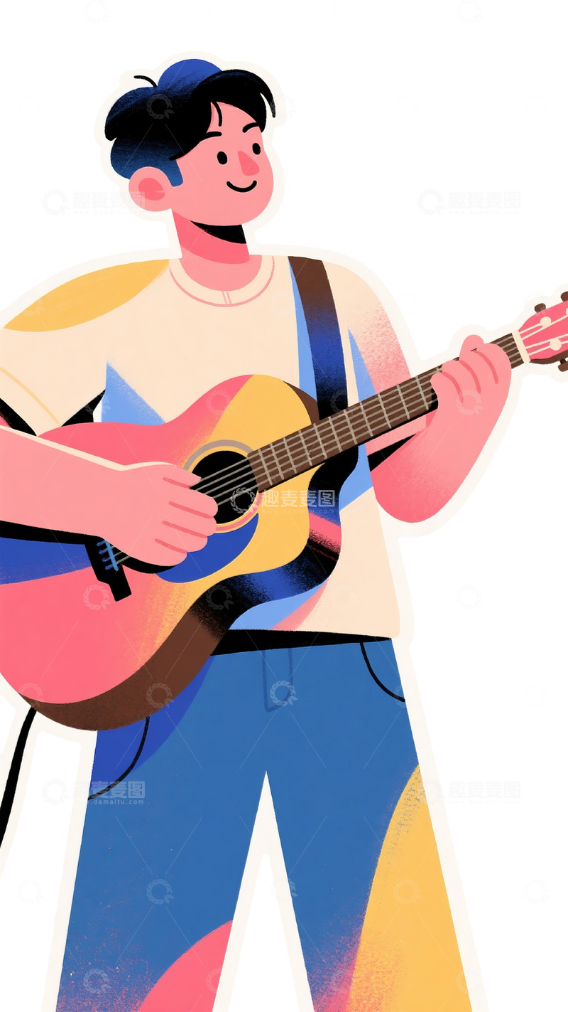 高清大图下载【趣麦麦图】男性弹木吉他扁平插画