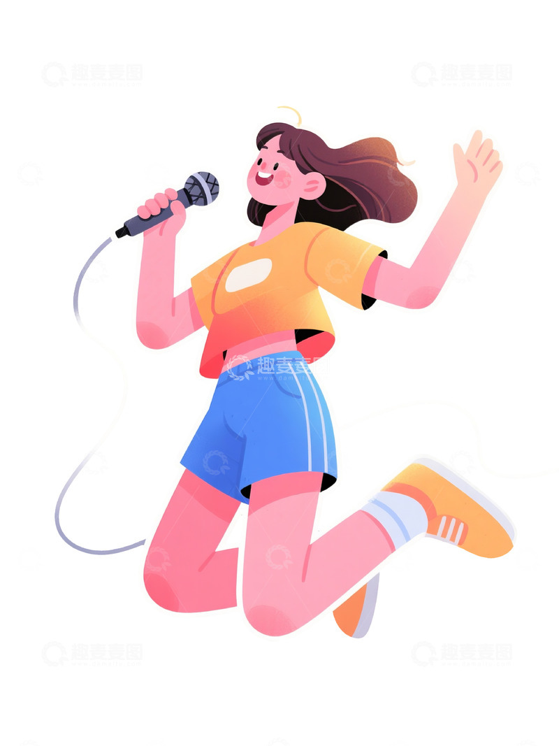 高清大图下载【趣麦麦图】持麦克风跳跃唱歌女性插画