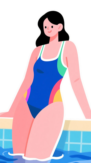 女性彩蓝泳衣坐池边插画