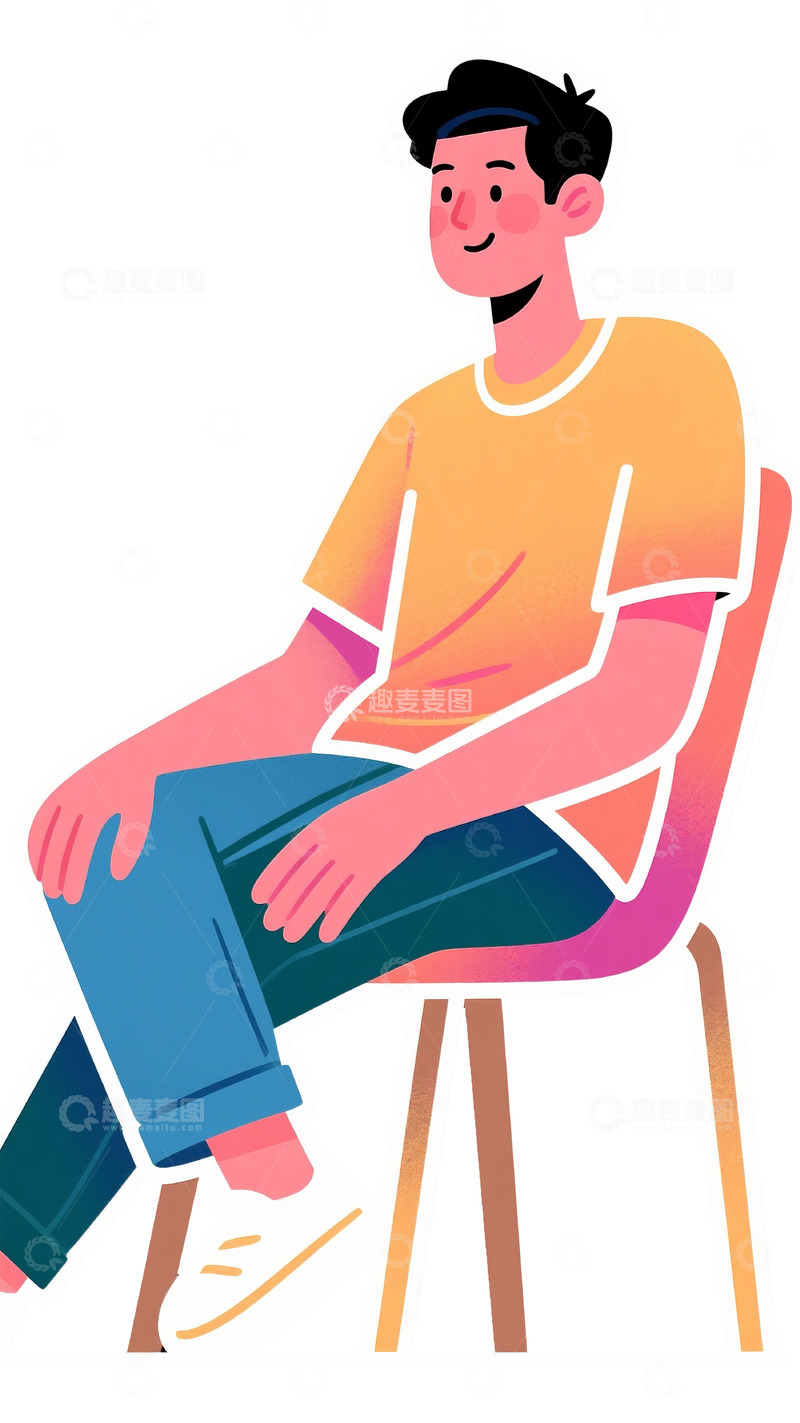 高清大图下载【趣麦麦图】男性坐姿黄衣蓝裤插画